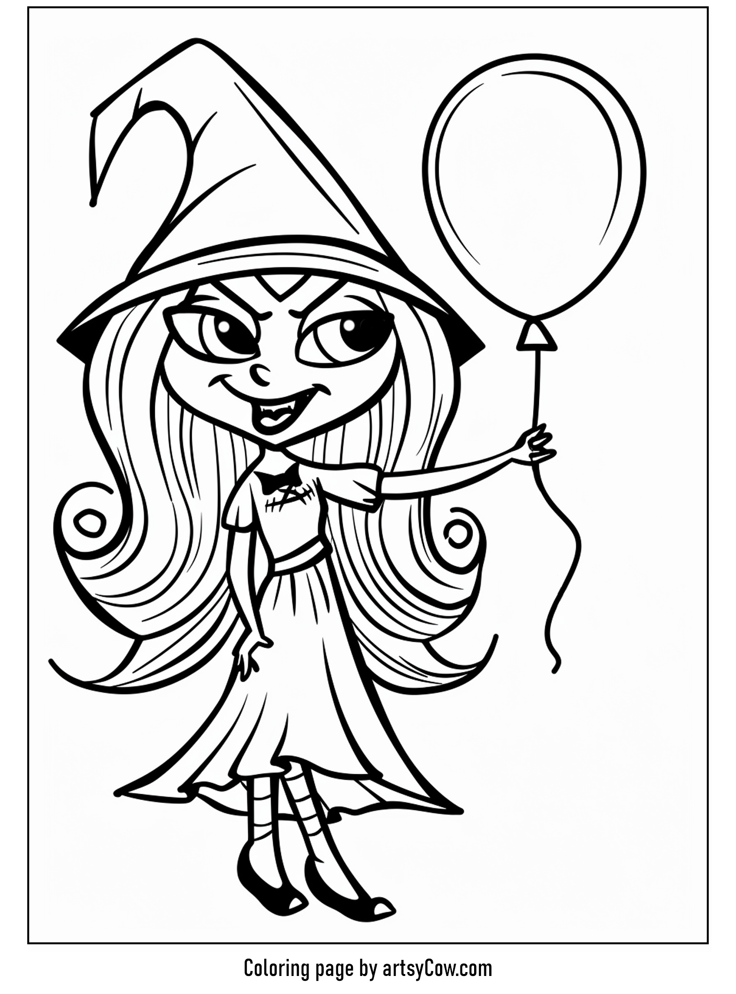 free halloween coloring pages for kids and adults, Witch Waving a Festive Balloon